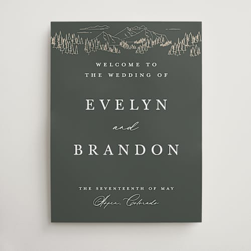This is a hunter wedding signs with standard by Sarah Brown called peaks printing on premium sign board in 18x24