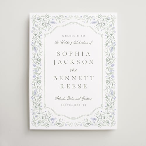 This is a periwinkle wedding signs with standard by Kristen Smith called delicate vines printing on premium sign board in 18x24