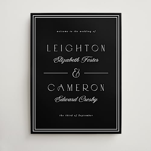 This is a onyx wedding signs with standard by Emily Sabol Goss called black tie printing on premium sign board in 18x24