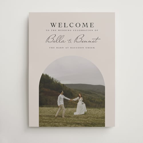 This is a champagne wedding signs with standard by Laura Hamm called arch printing on premium sign board in 18x24