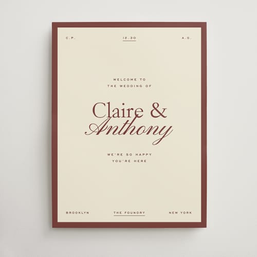 This is a burgundy wedding signs with standard by Ellen Schlegelmilch called aligned printing on premium sign board in 18x24