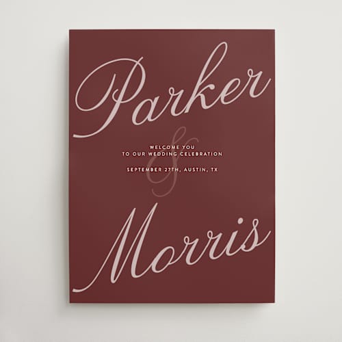 This is a burgundy wedding signs with standard by Maja Cunningham called swan lake printing on premium sign board in 18x24