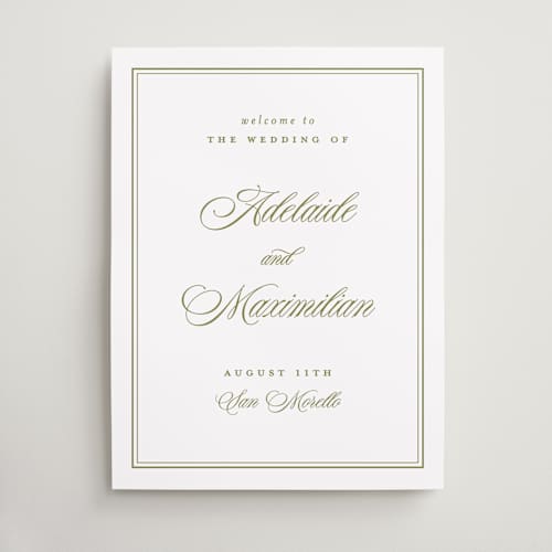 This is a olive wedding signs with standard by Ellen Schlegelmilch called museo printing on premium sign board in 18x24