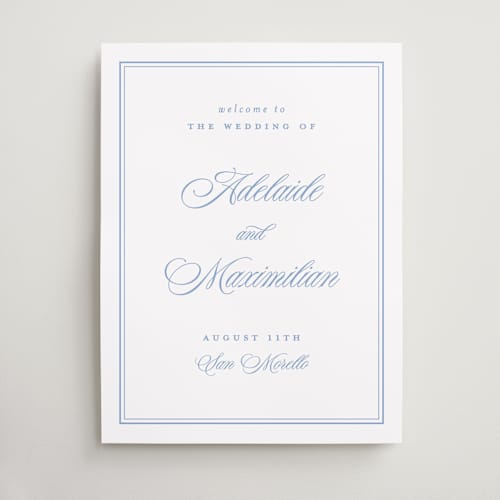 This is a periwinkle wedding signs with standard by Ellen Schlegelmilch called museo printing on premium sign board in 18x24