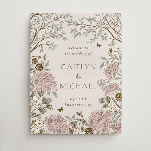 This is a blush meadow wedding signs with standard by Grae called dancing in the garden printing on premium sign board in 18x24