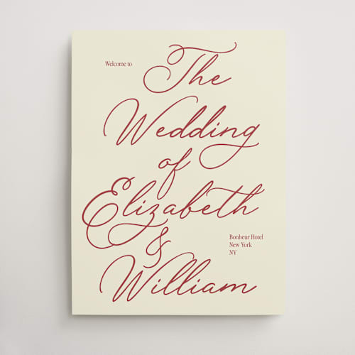 This is a burgundy wedding signs with standard by Helena Vitto called elizabeth printing on premium sign board in 18x24
