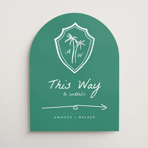 This is a palm wedding signs with standard by Erika Firm called palm tree crest printing on premium sign board in 18x24