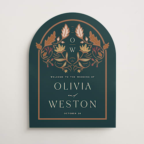 This is a deep sea wedding signs with standard by Erin German called autumnal arch printing on premium sign board in 18x24