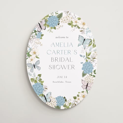 This is a periwinkle wedding signs with standard by Susan Moyal called garden love printing on premium sign board in 18x24