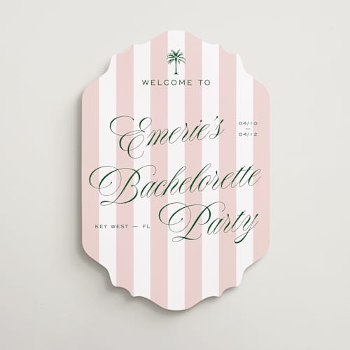 This is a taffy wedding signs with standard by Susan Zinader called palm stripes printing on premium sign board in 18x24