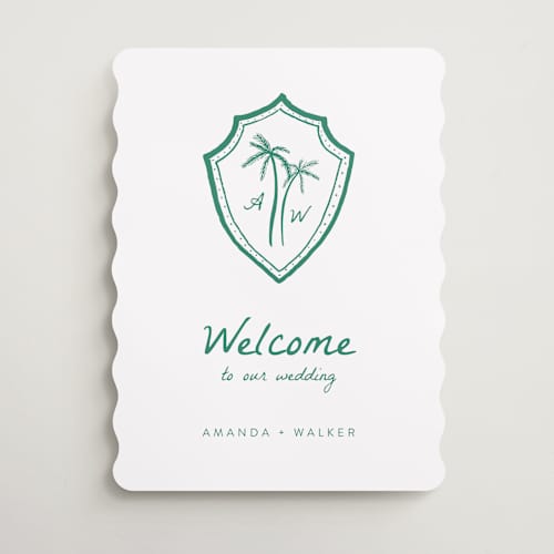 This is a palm wedding signs with standard by Erika Firm called palm tree crest printing on premium sign board in 18x24