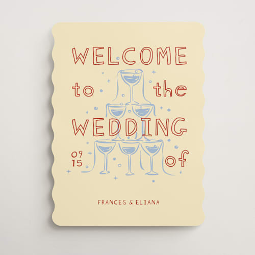 This is a glacier wedding signs with standard by Zove Ahhh called whimsy champagne printing on premium sign board in 18x24