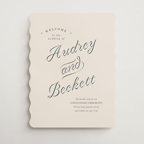 This is a parchment wedding signs with standard by Corinne Malesic called ribbon printing on premium sign board in 18x24