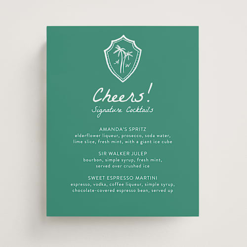 This is a palm wedding signs with standard by Erika Firm called palm tree crest printing on doublethick in 8x10
