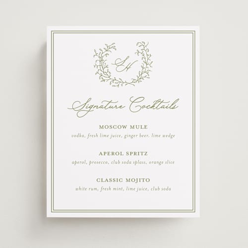This is a pistachio wedding signs with standard by Katherine Moynagh called garden script printing on doublethick in 8x10