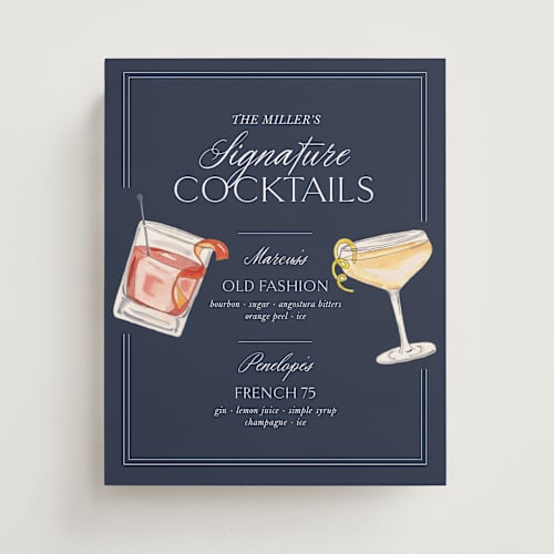 This is a navy wedding signs with standard by Design Lotus called here's to love printing on doublethick in 8x10