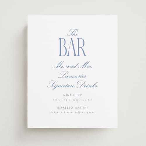 This is a periwinkle wedding signs with standard by Baumbirdy called signature type printing on doublethick in 8x10