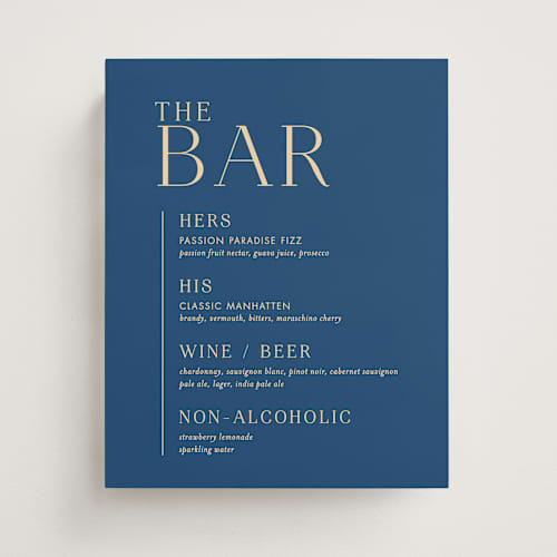 This is a navy wedding signs with standard by jomolo called debonair printing on doublethick in 8x10
