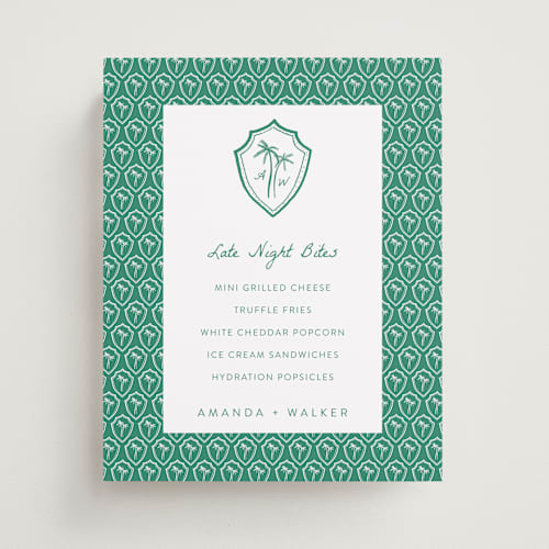 This is a palm wedding signs with standard by Erika Firm called palm tree crest printing on doublethick in 8x10