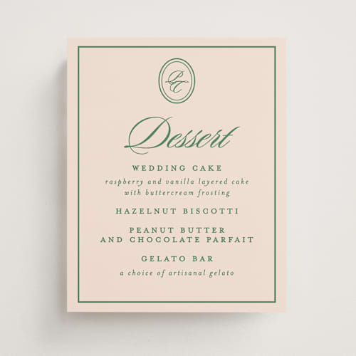 This is a emerald wedding signs with standard by Creo Study called scripted printing on doublethick in 8x10