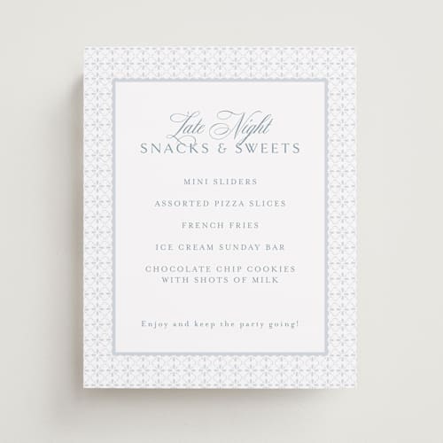 This is a dusty blue wedding signs with standard by Jennifer Postorino called coastal charm printing on doublethick in 8x10