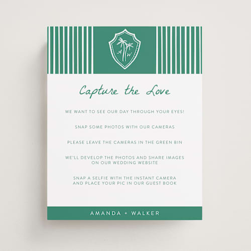 This is a palm wedding signs with standard by Erika Firm called palm tree crest printing on doublethick in 8x10
