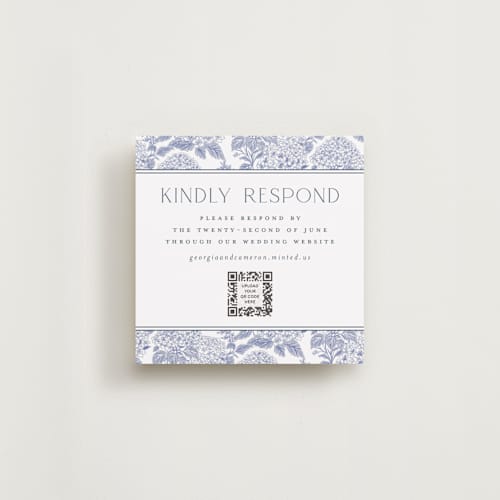 This is a periwinkle rsvp cards with standard by Jenna Holcomb called coastal toile printing on signature in 4x4