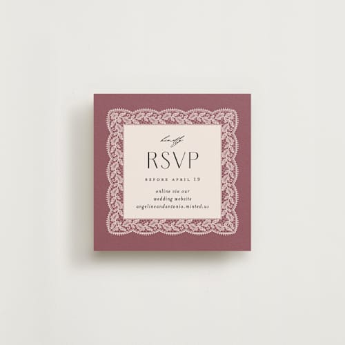 This is a mauve rsvp cards with standard by Erica Krystek called chantilly printing on signature in 4x4