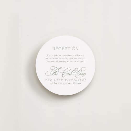 This is a garden reception cards with standard by Kelly Schmidt called chic script printing on signature in 4x4