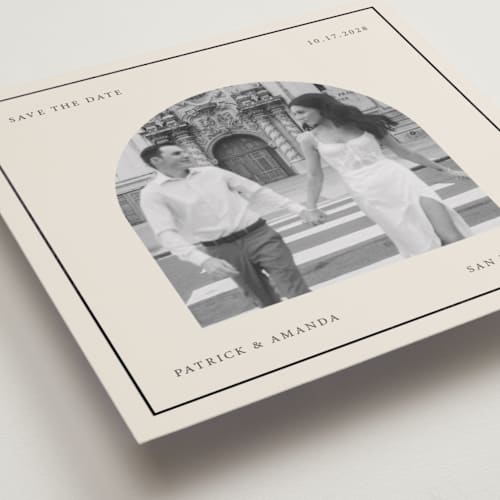 This is a ivory foil stamped save the date cards with foil pressed by Kartika Paramita called arch in a square printing on recycled smooth signature in square