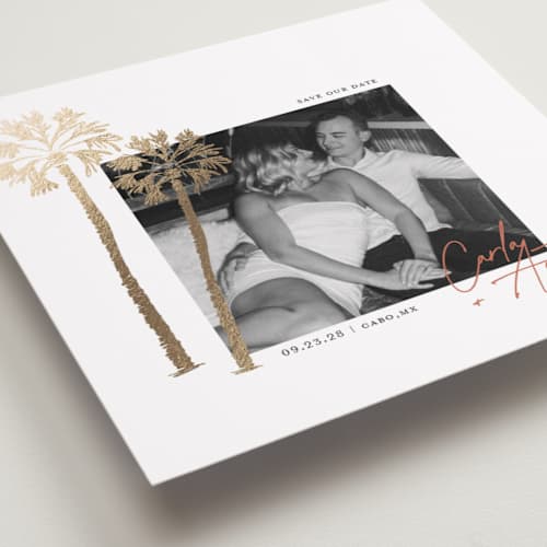 This is a pearl foil stamped save the date cards with foil pressed by Summer Winkelman called the palms printing on recycled smooth signature in square