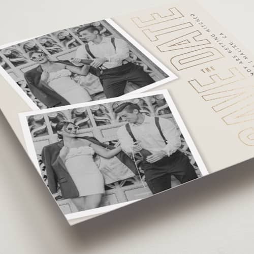 This is a cream foil stamped save the date cards with foil pressed by Ilene Guy called simple squares printing on recycled smooth signature in square