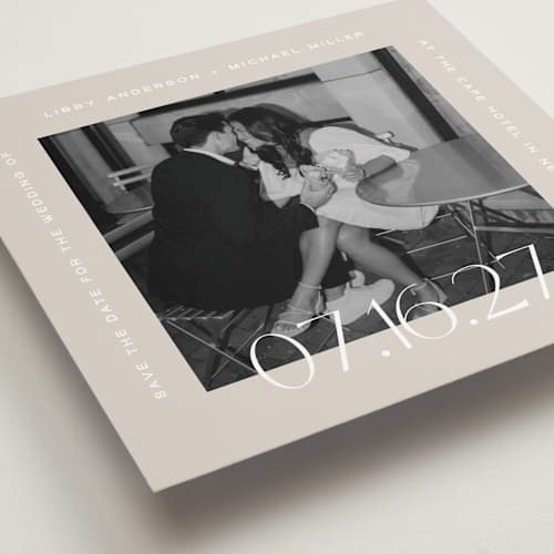 This is a latte save the date with standard by Camille Robinson called square frame text printing on recycled smooth signature in square