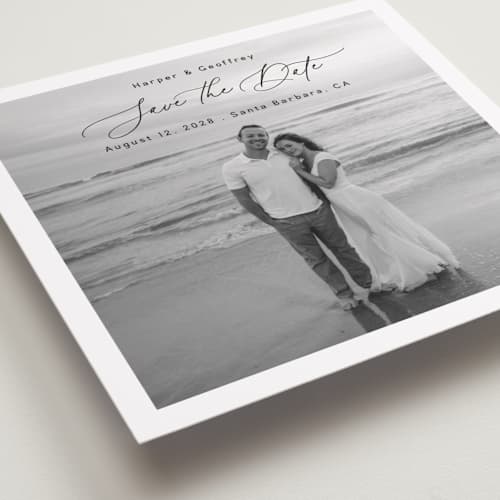 This is a onyx save the date with standard by Benita Crandall called chic square printing on recycled smooth signature in square