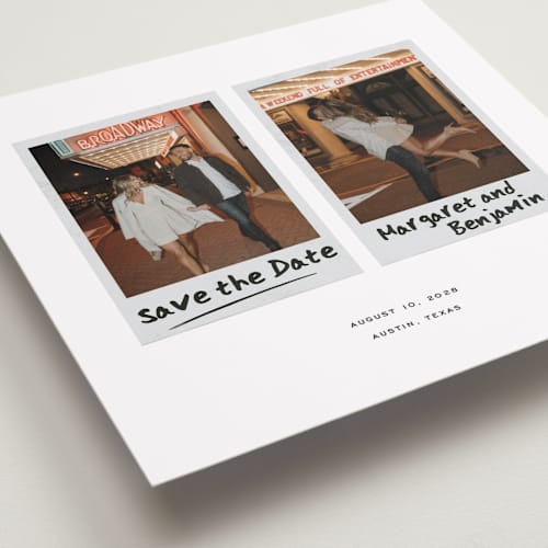 This is a daisy save the date with standard by Jennifer Lew called gram printing on recycled smooth signature in square