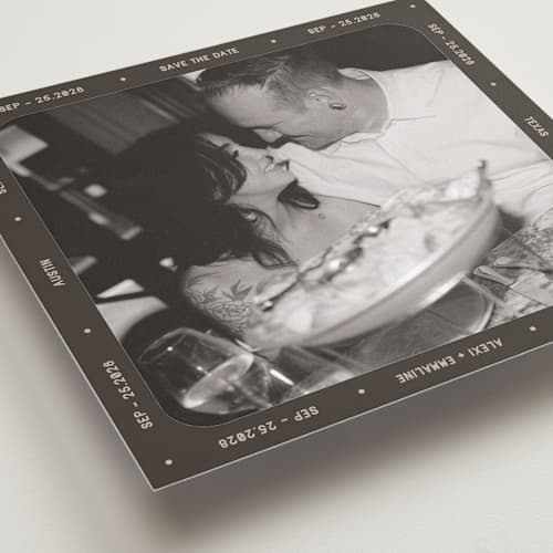 This is a coffee save the date with standard by Meggy Masters called vintage take printing on recycled smooth signature in square