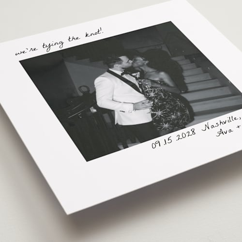 This is a snow save the date with standard by Brittney Jensen called polaroid printing on recycled smooth signature in square