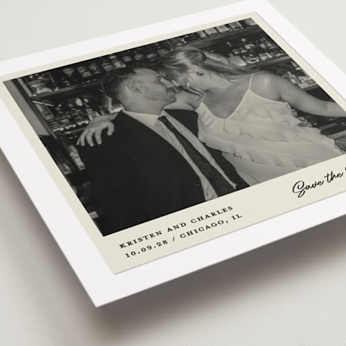 This is a chiffon save the date with standard by Creo Study called modern snapshot printing on recycled smooth signature in square