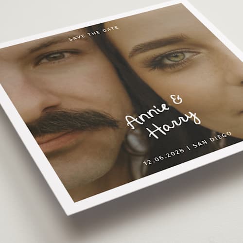 This is a ivory save the date with standard by Stephanie Heinrich Godbout called retro type printing on recycled smooth signature in square