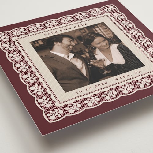This is a wine save the date with standard by Heather Schertzer called vintage doily printing on recycled smooth signature in standard