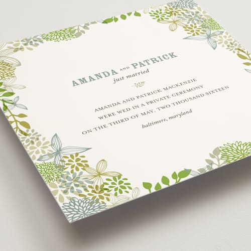 This is a leaf wedding announcements with standard by Andrea Mentzer called fling printing on signature in standard