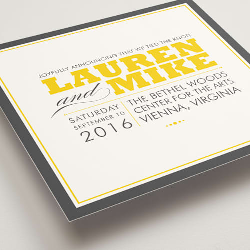 This is a golden yellow wedding announcements with standard by Ariel Rutland called cocktail hour printing on signature in standard