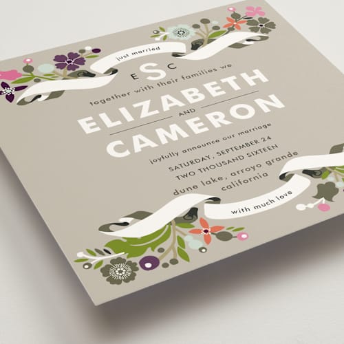 This is a soft beige wedding announcements with standard by Alethea and Ruth called banner and branches printing on signature in standard