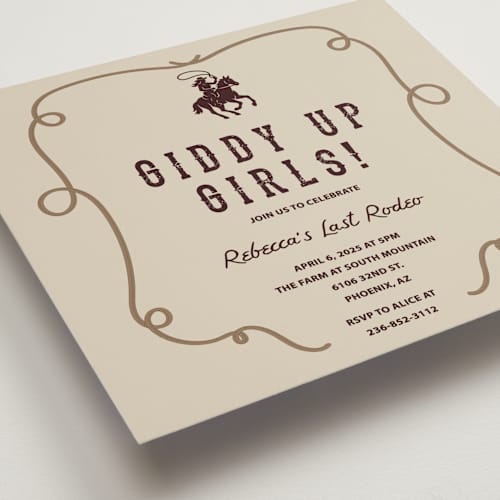 This is a champagne bachelorette party invitations with standard by Sherley Ferreira called giddy up, y'all! printing on signature in standard