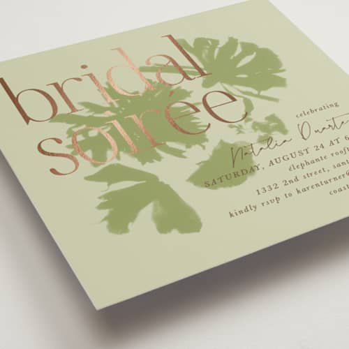 This is a tapenade bridal shower invitations with foil pressed by Kamala Nahas called birthday soiree printing on signature in standard