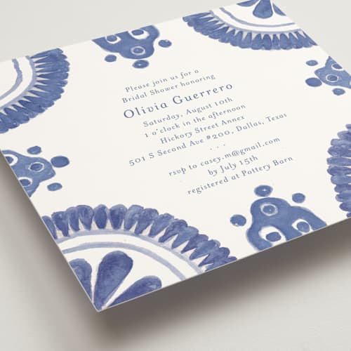 This is a azure bridal shower invitations with standard by Lagniappe Paper called talavera printing on signature in standard