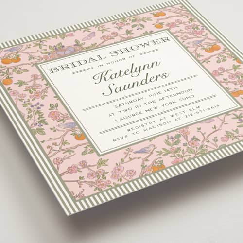 This is a petal bridal shower invitations with standard by Jenna Holcomb called bird and bough printing on signature in standard