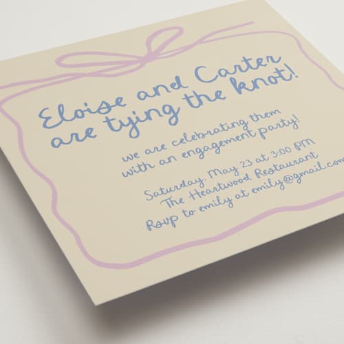 This is a lilac engagement party invitations with standard by Stephanie Heinrich Godbout called pastel bow printing on signature in standard