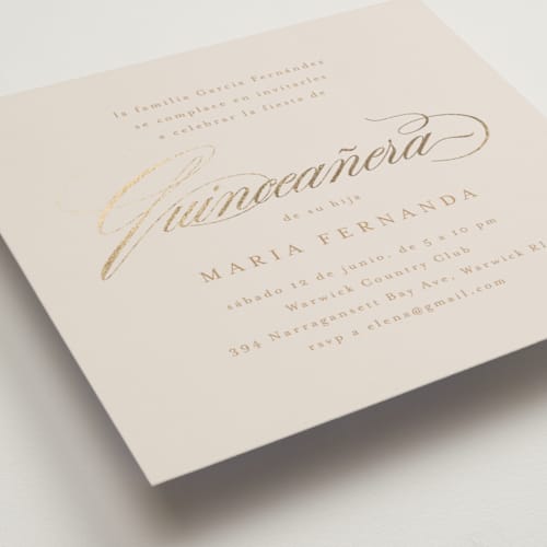 This is a cream quinceanera invitations with foil pressed by Tamara Hilje called gilded printing on signature in standard