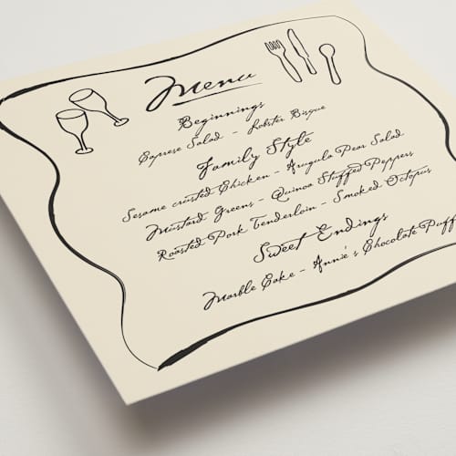 This is a vanilla menu cards with standard by Stacy Maalouf called handwritten family style printing on signature in standard